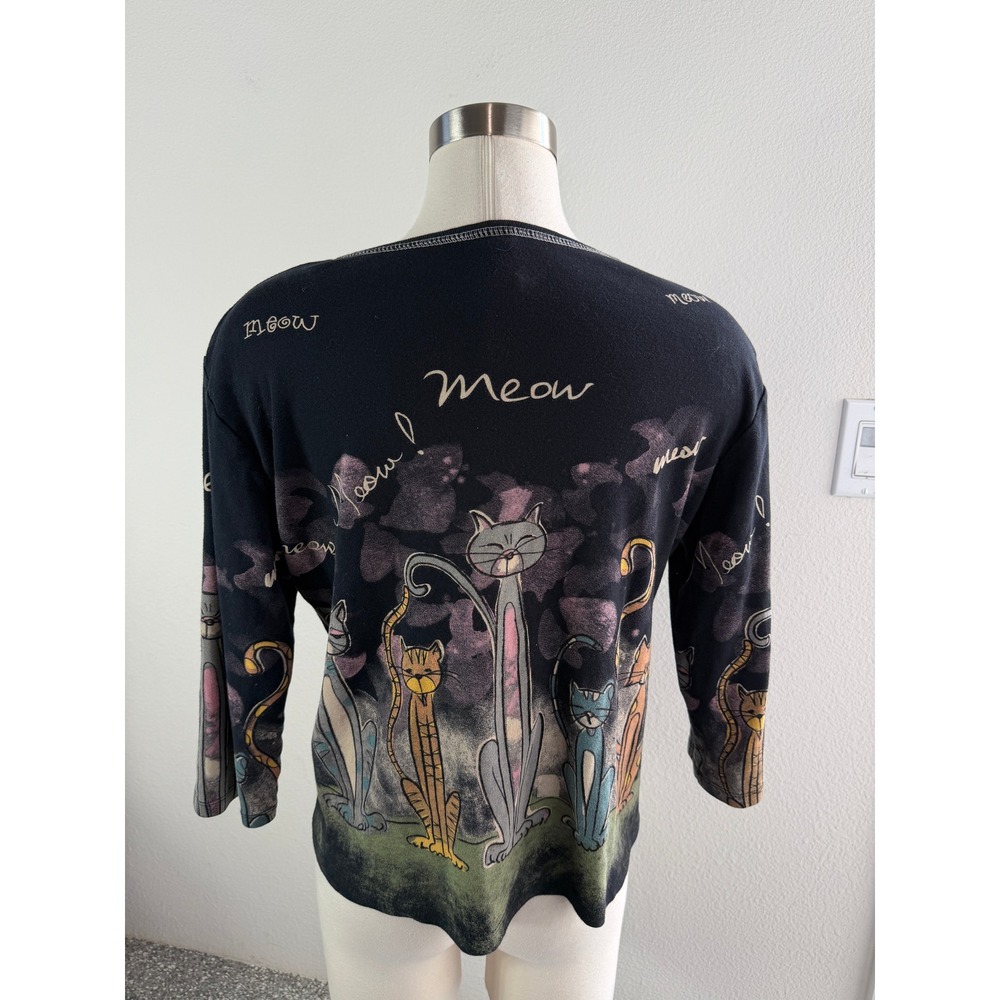 Jess & Jane Womens Large Meow Meow Cat Black Cotton Top USA 3/4 Sleeve Shirt - Picture 9 of 9